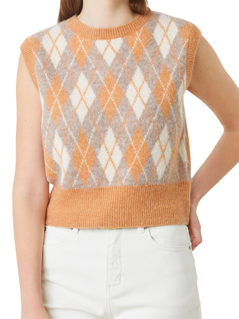 Product image 2 of 4, which shows SUNCOO Argyle Jacquard Knit Vest, Orange/Multi, 8