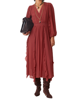 SUNCOO Cassie V-Neck Ruffle Midi Dress, Terracotta, Terracotta