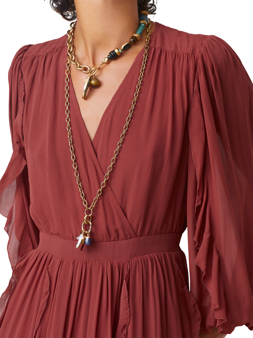 SUNCOO Cassie V-Neck Ruffle Midi Dress, Terracotta