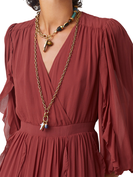 SUNCOO Cassie V-Neck Ruffle Midi Dress, Terracotta - view 2, Terracotta