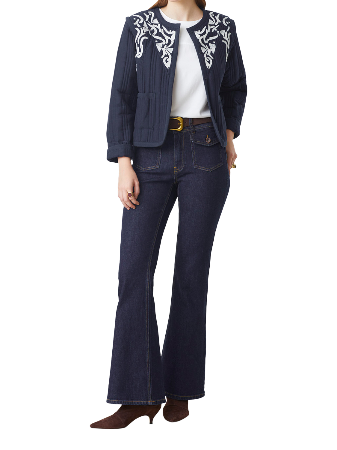 Product image 1 of 4, which shows SUNCOO Daho Embroidered Quilted Short Cotton Jacket, Navy/White, 8