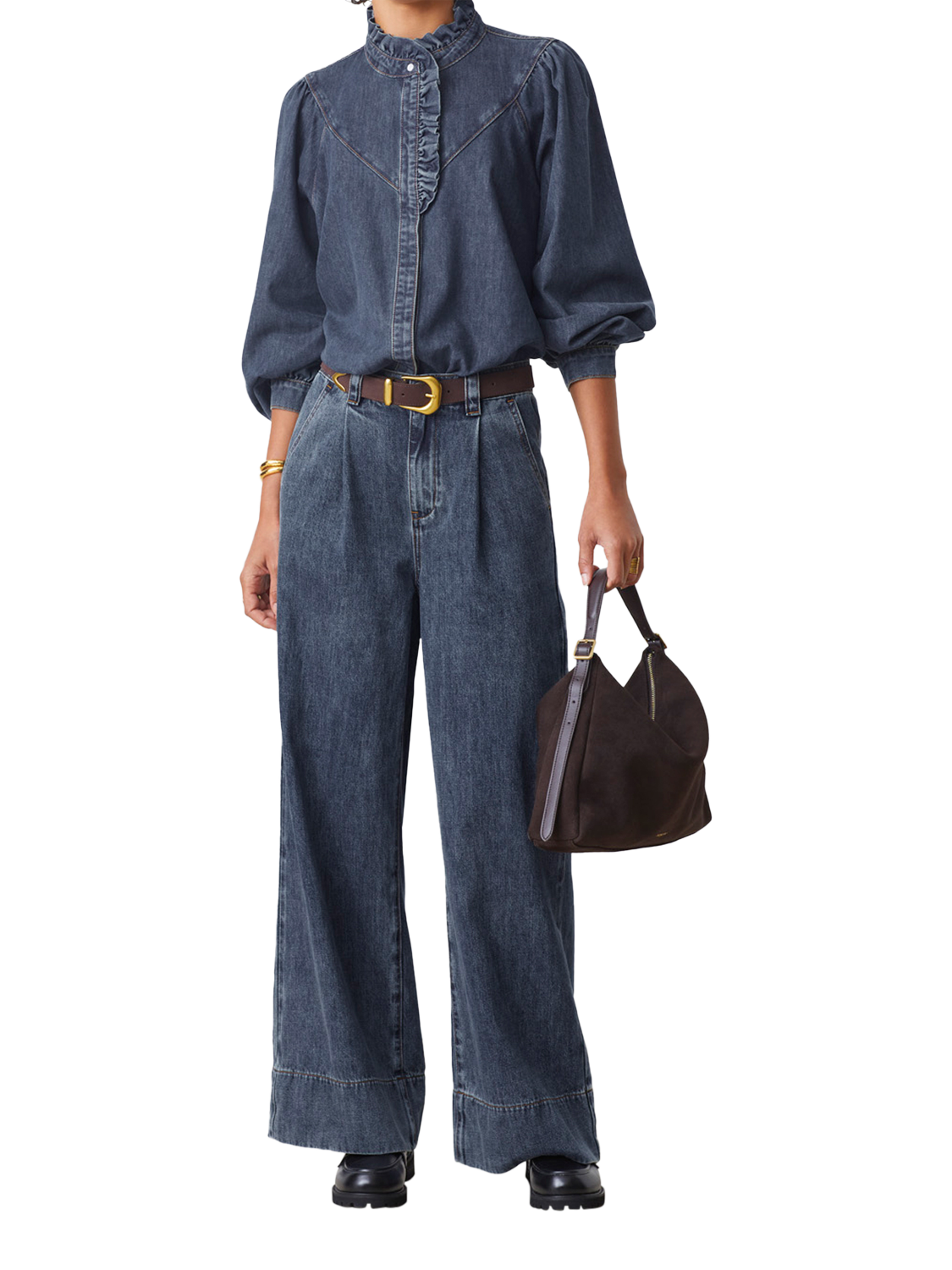 Product image 1 of 5, which shows SUNCOO Lively Ruffle Denim Top, Dark Blue, 10