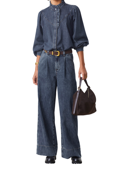 SUNCOO Lively Ruffle Denim Top, Dark Blue, Dark Blue