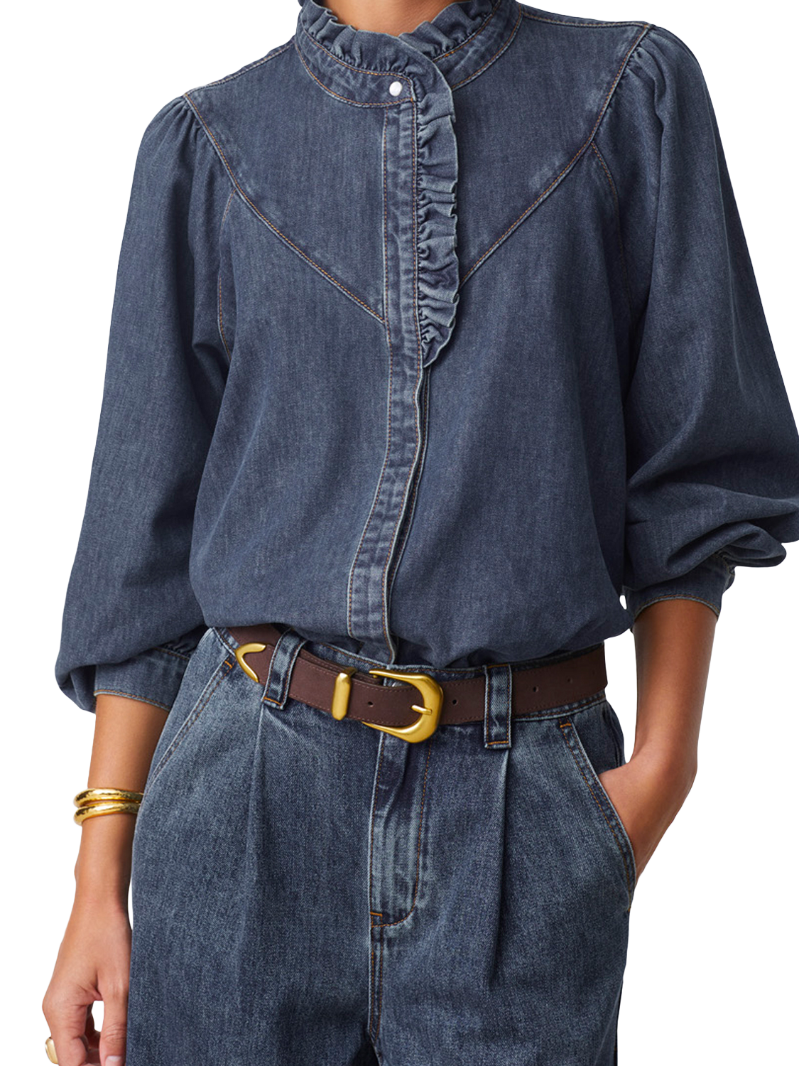 Product image 2 of 5, which shows SUNCOO Lively Ruffle Denim Top, Dark Blue, 10