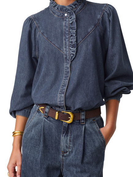 SUNCOO Lively Ruffle Denim Top, Dark Blue - view 2, Dark Blue