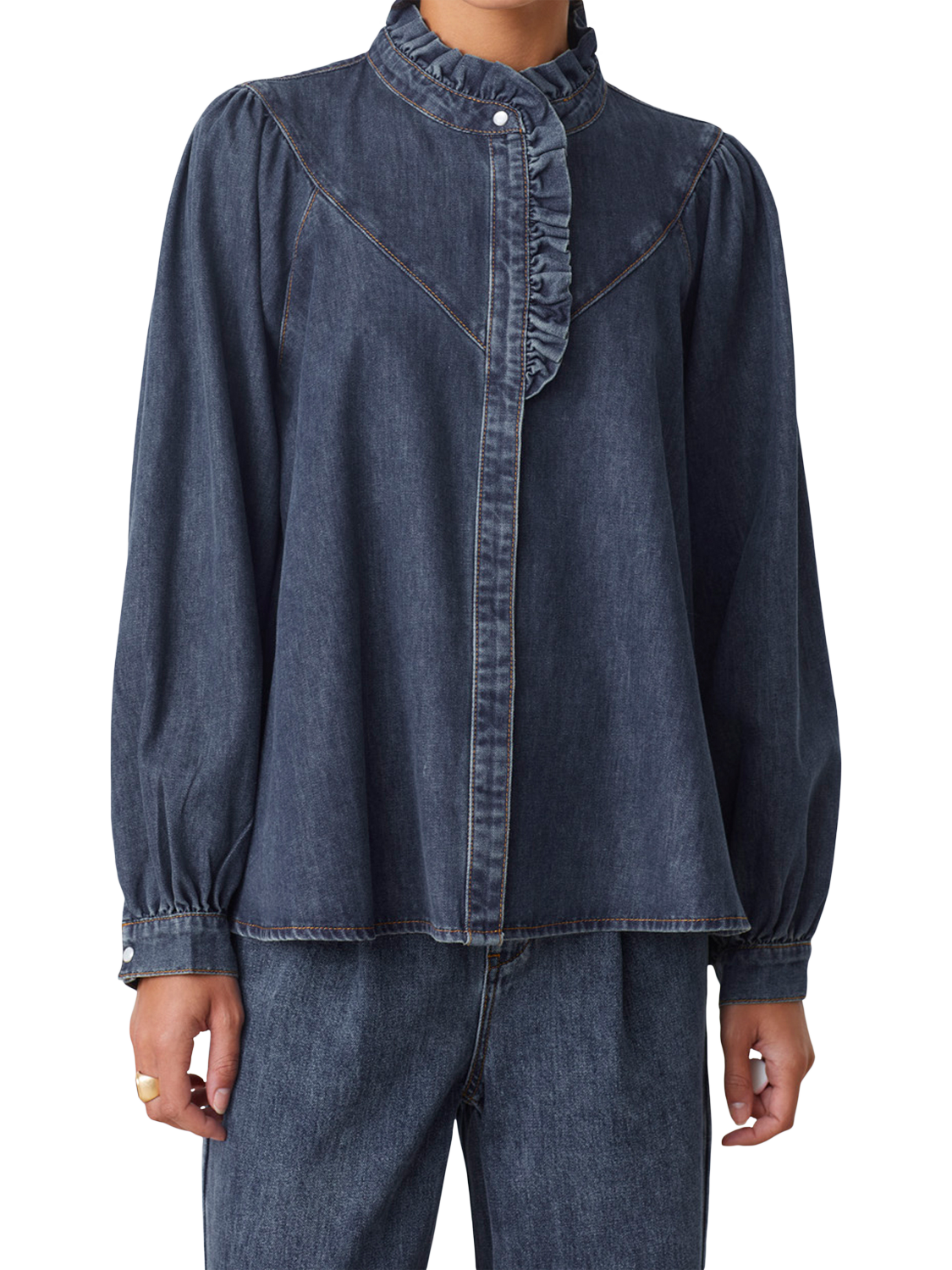 Product image 3 of 5, which shows SUNCOO Lively Ruffle Denim Top, Dark Blue, 10