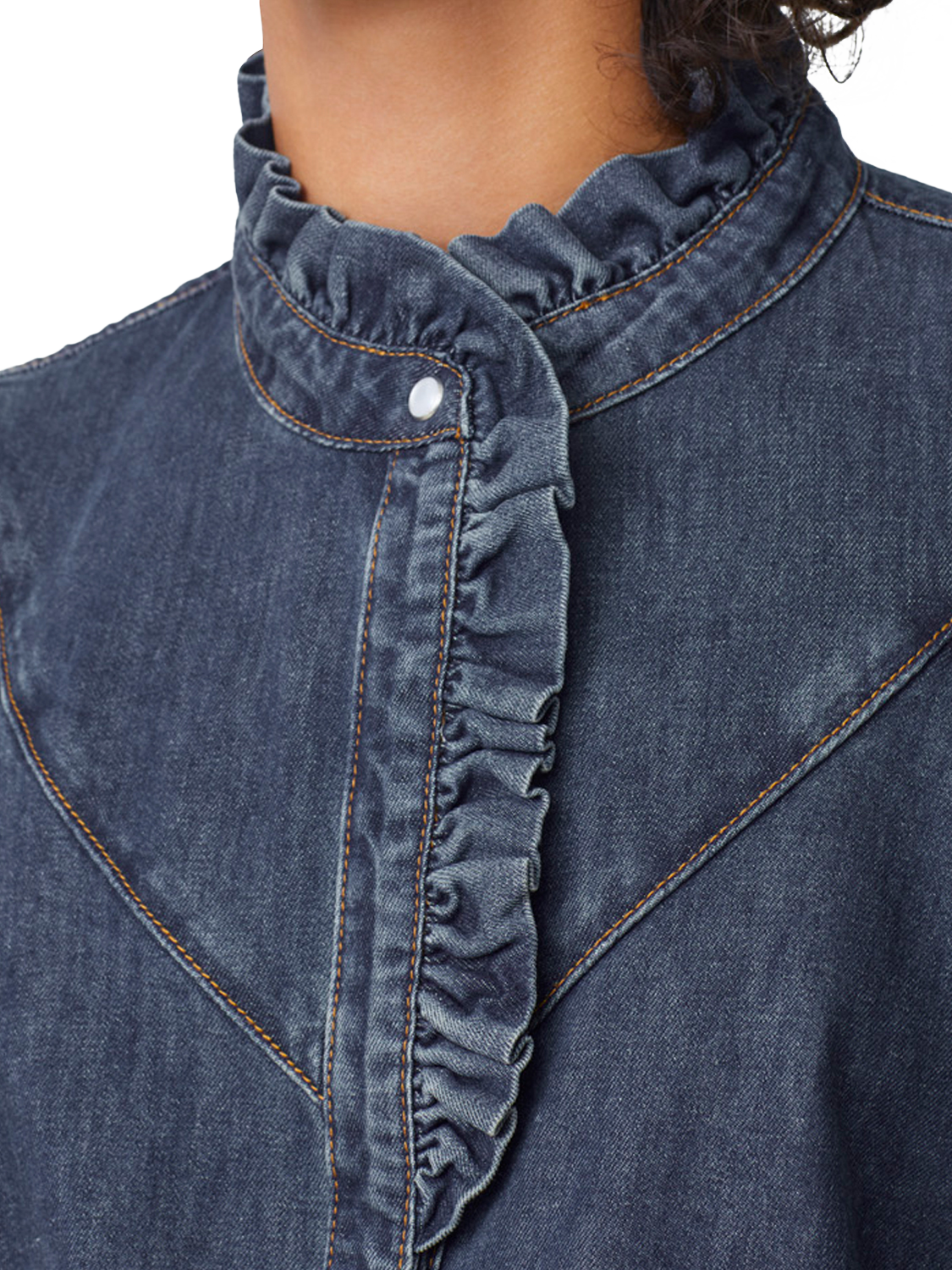 Product image 4 of 5, which shows SUNCOO Lively Ruffle Denim Top, Dark Blue, 10