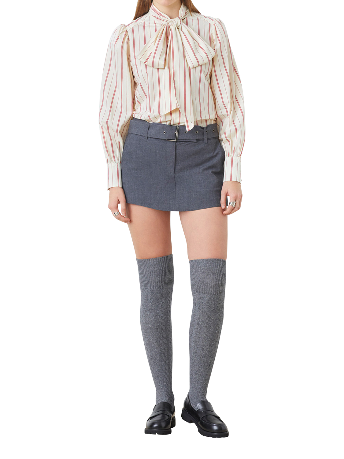 Product image 1 of 4, which shows SUNCOO Stripes Tie Neck Top, Cream/Pink, 8