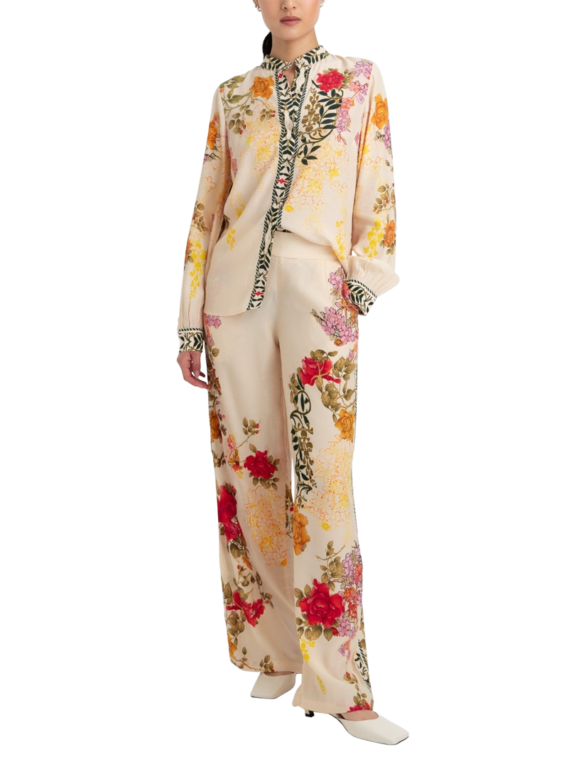Product image 1 of 3, which shows Raishma Nancy Floral Wide Leg Trousers, Cream, 8