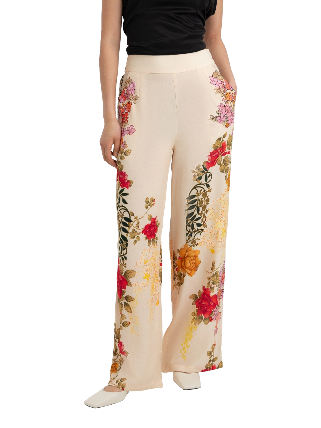Product image 2 of 3, which shows Raishma Nancy Floral Wide Leg Trousers, Cream, 8