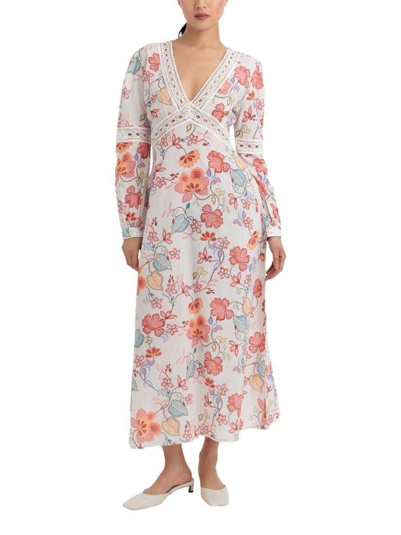 Product image 1 of 3, which shows Raishma Evelyn Floral Dress, White, 8
