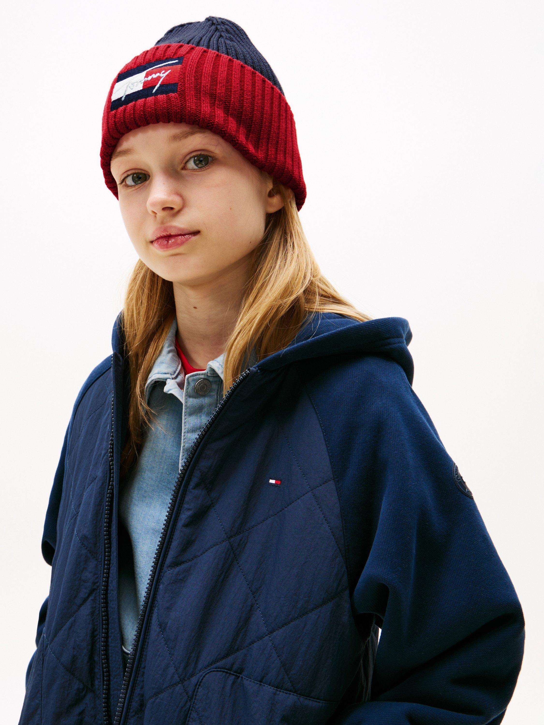 Product image 4 of 4, which shows Tommy Hilfiger Kids' Cotton Beanie Hat, Space Blue Clrblk, S-M