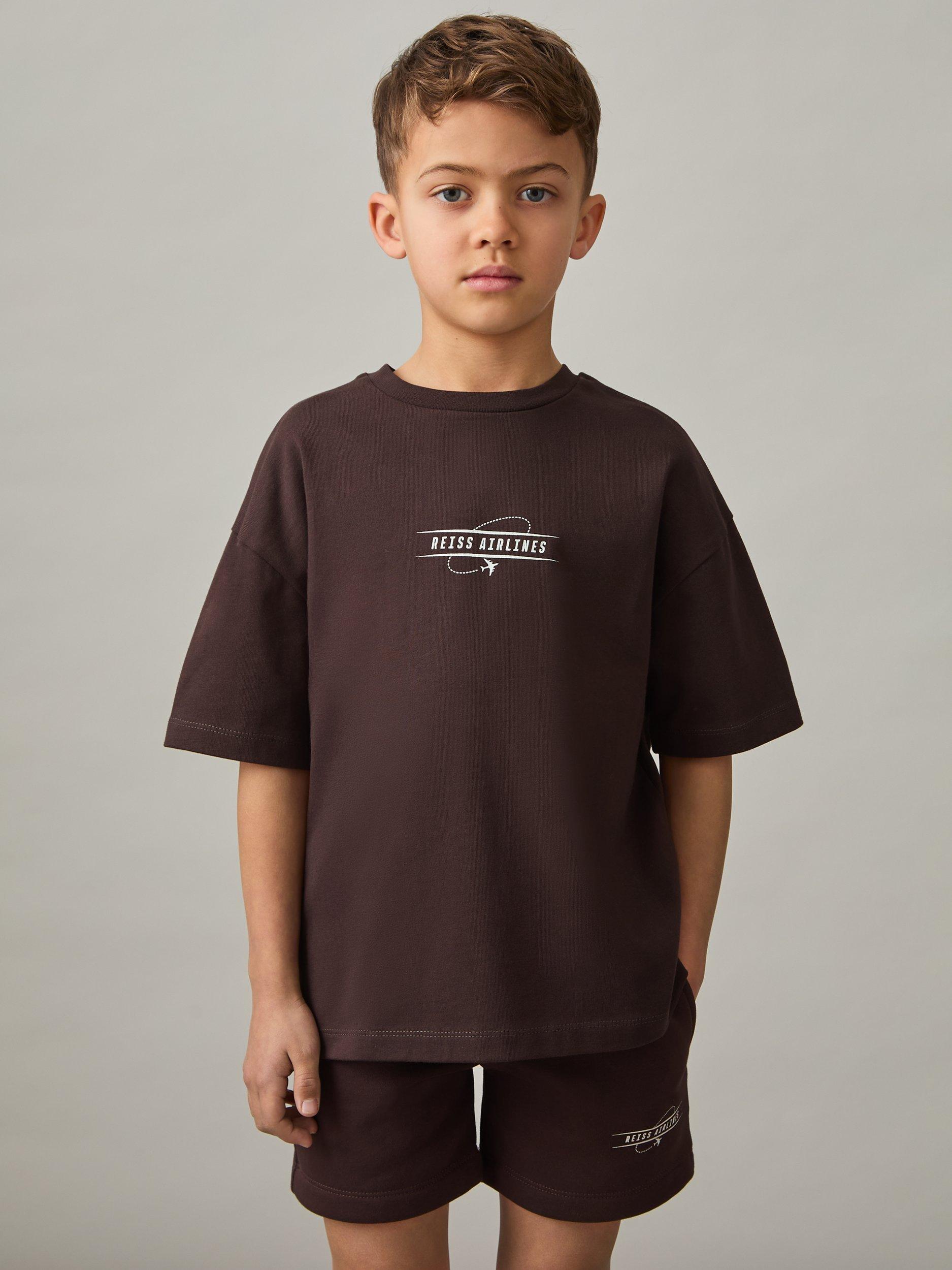 Reiss Kids' Ivan Airlines Print Oversized T-Shirt, White/Blue, Chocolate Brown/Off White