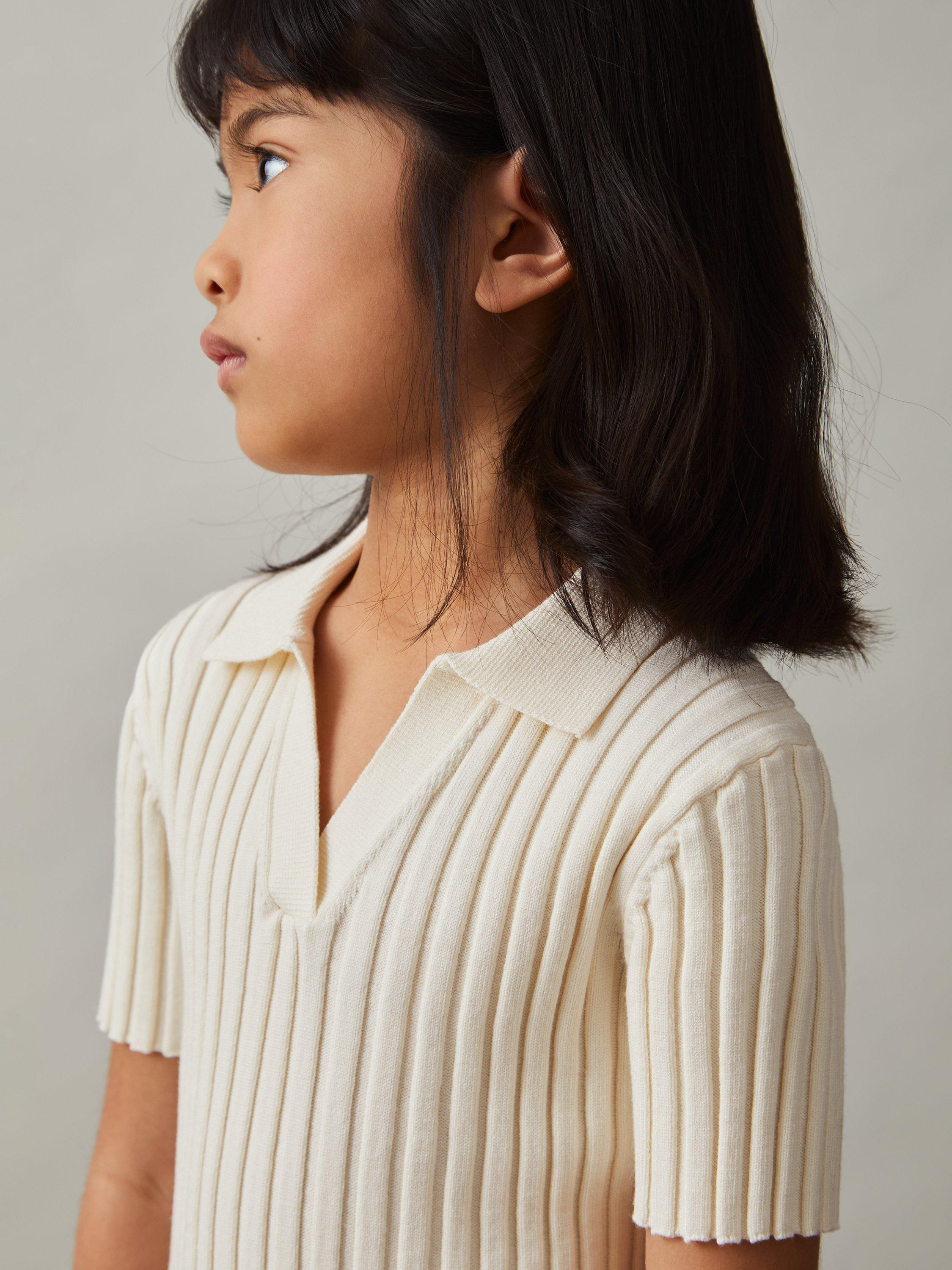 Product image 1 of 4, which shows Reiss Kids' Poppy Rib Knit Polo Shirt, Ivory, 4-5 years