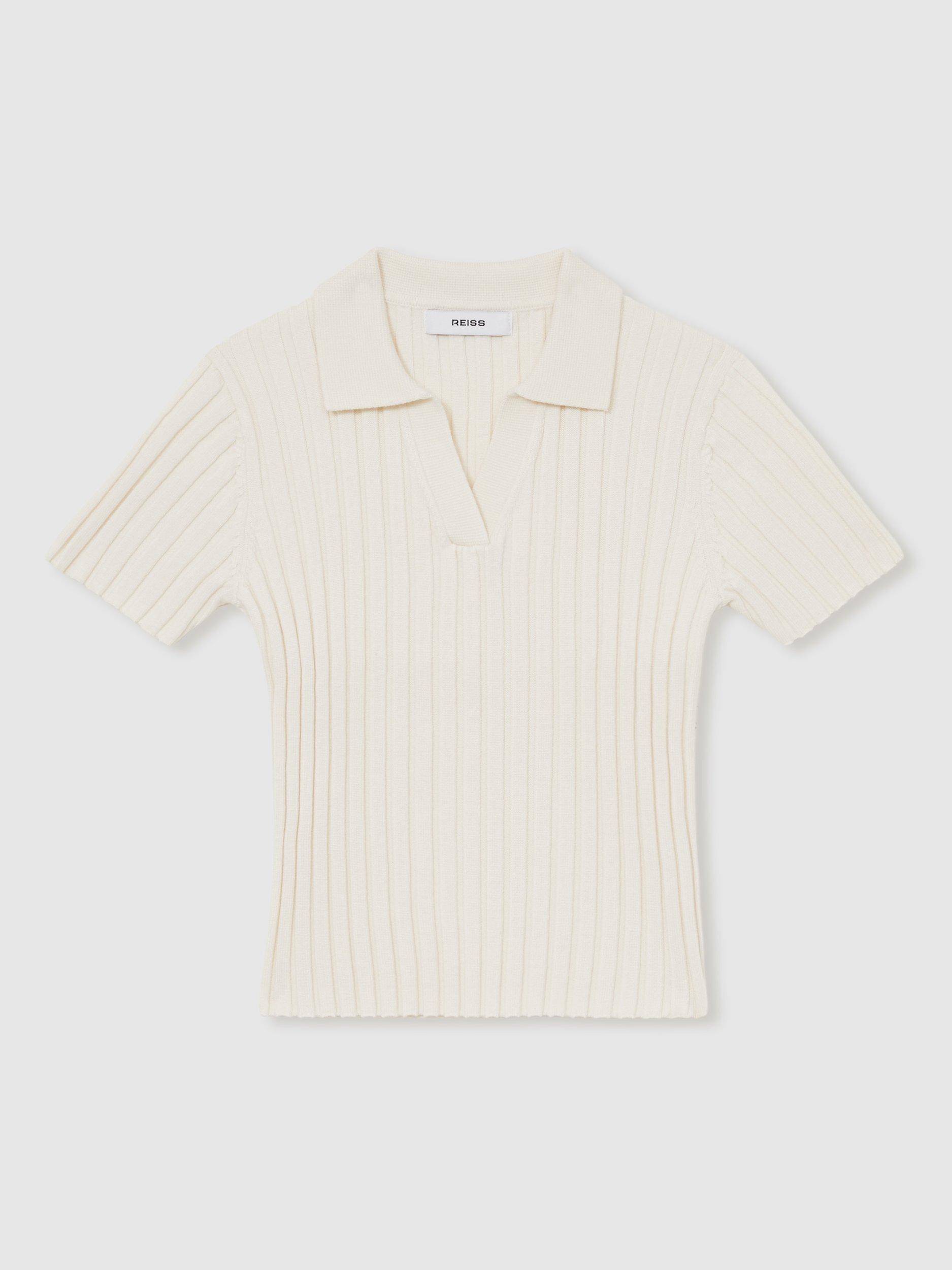 Product image 2 of 4, which shows Reiss Kids' Poppy Rib Knit Polo Shirt, Ivory, 4-5 years