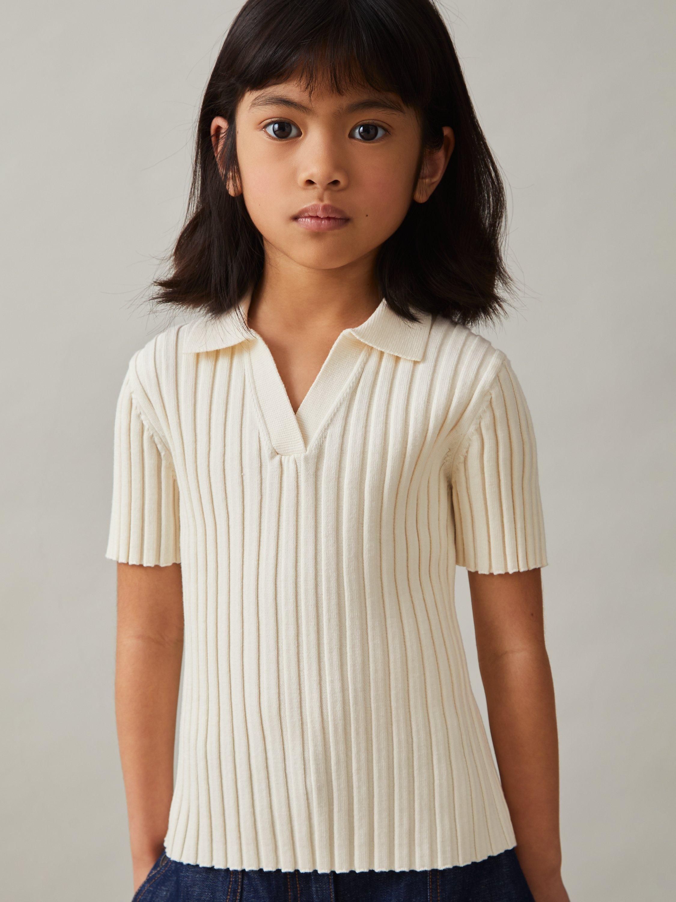 Product image 3 of 4, which shows Reiss Kids' Poppy Rib Knit Polo Shirt, Ivory, 4-5 years