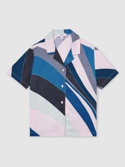 Reiss Kids' Tommi Printed Cuban Collar Shirt, Blue Print, Blue Print