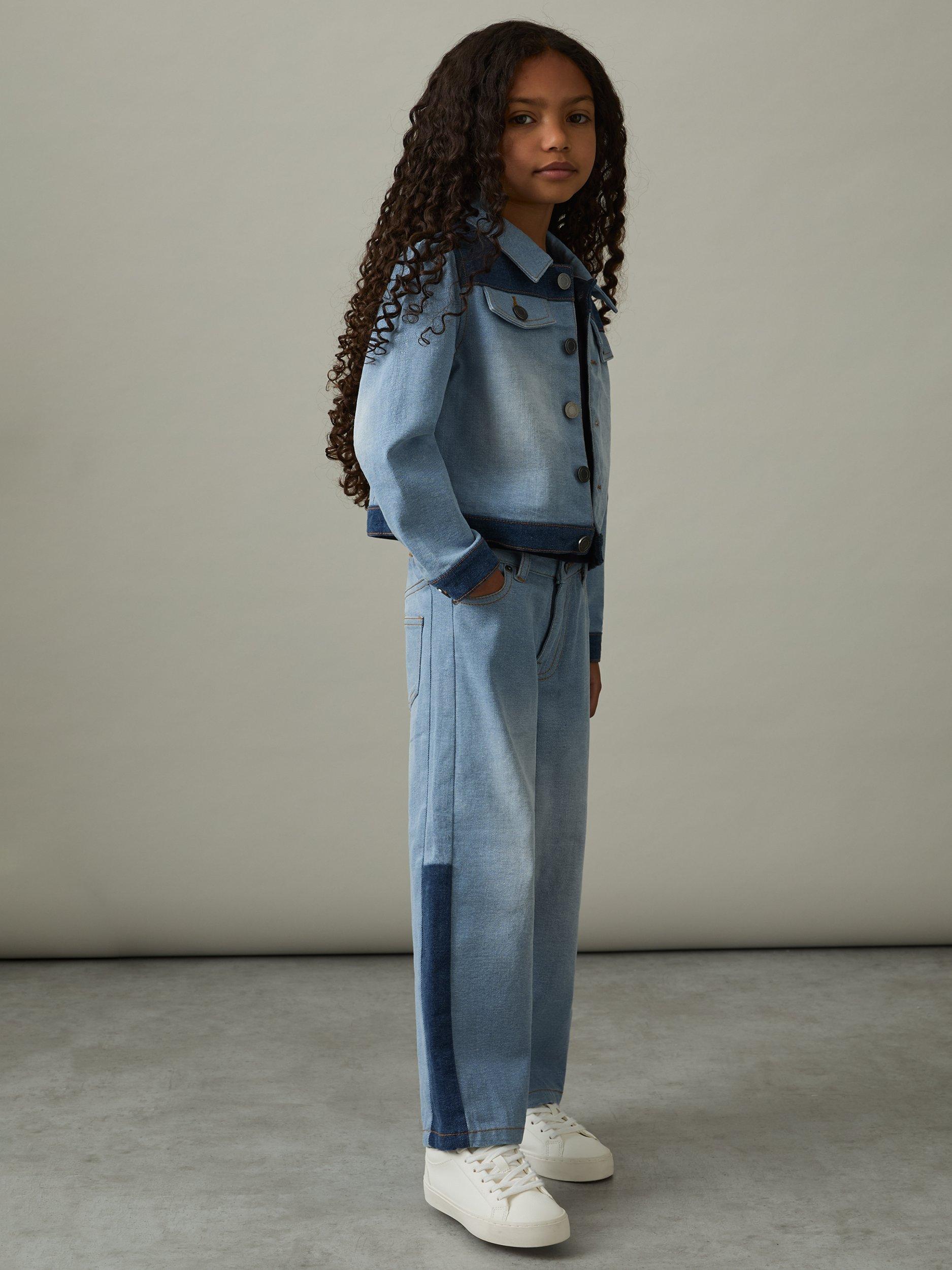 Product image 1 of 4, which shows Reiss Kids' Briar Patchwork Two-Tone Denim Jeans, Blue, 4-5 years