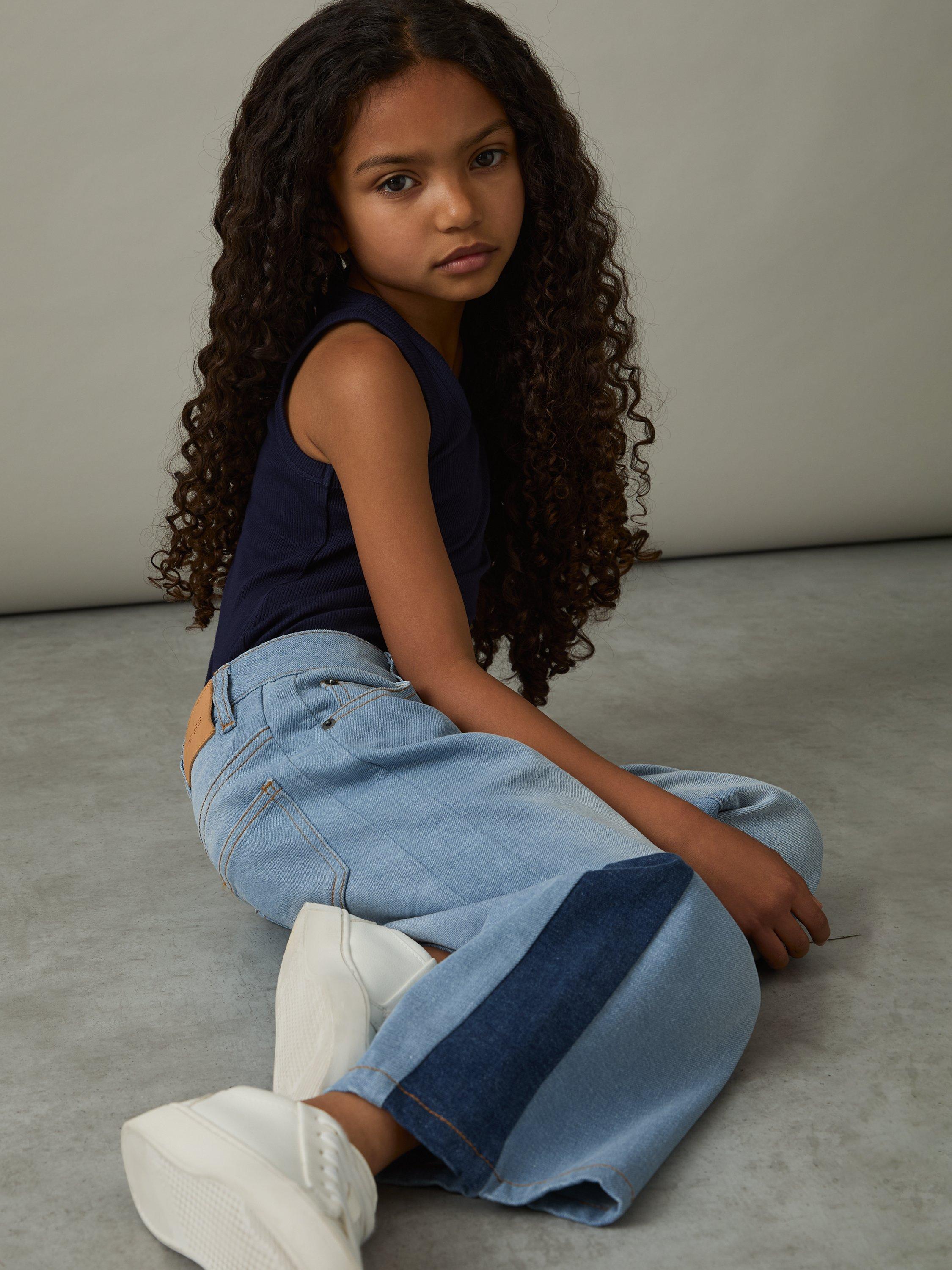 Product image 3 of 4, which shows Reiss Kids' Briar Patchwork Two-Tone Denim Jeans, Blue, 4-5 years