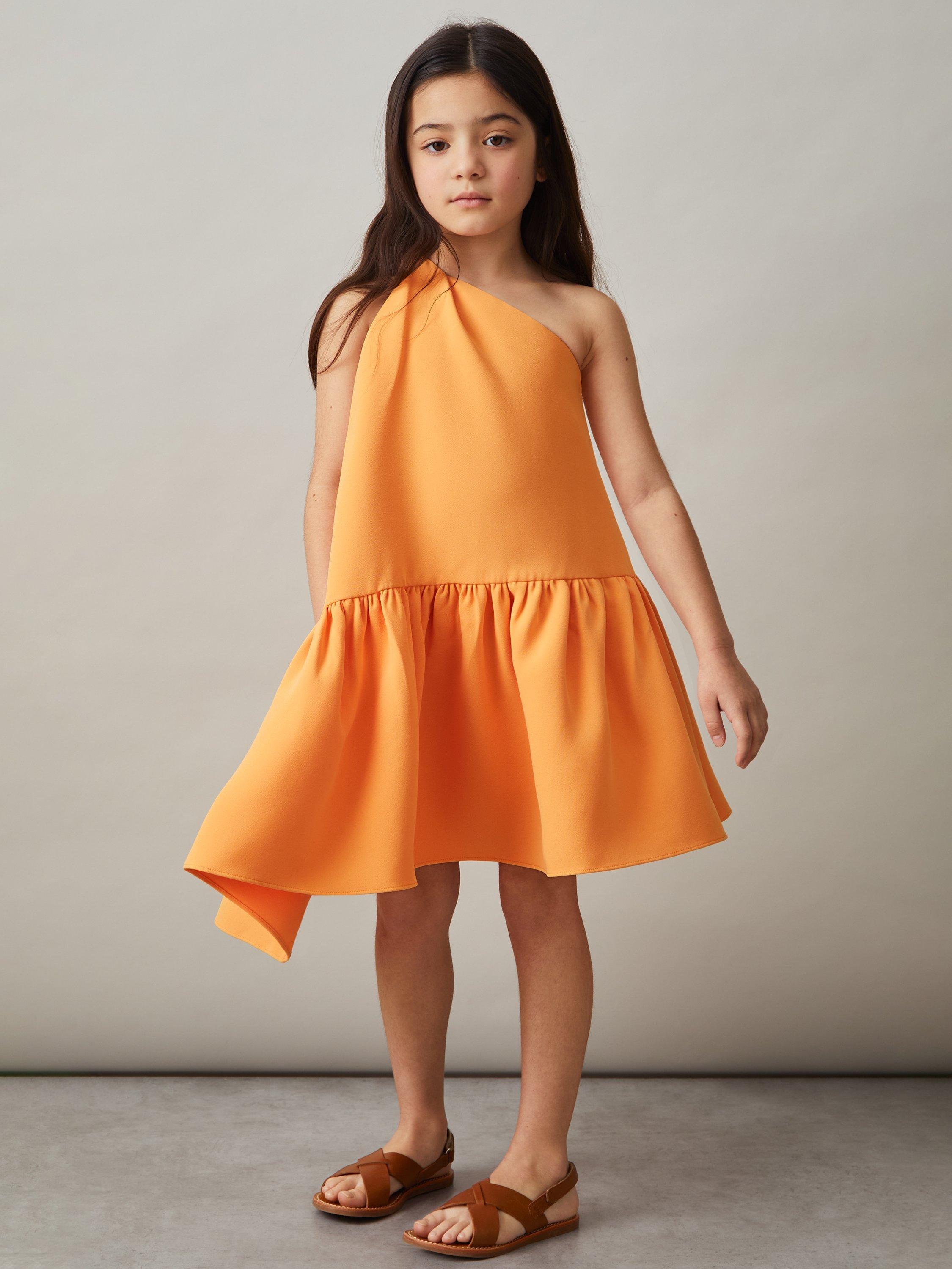 Product image 3 of 4, which shows Reiss Kids' Railey One-Shoulder Tiered Dress, Orange, 4-5 years