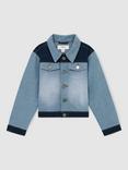 Reiss Kids' Briar Patchwork Two-Tone Denim Jacket, Blue