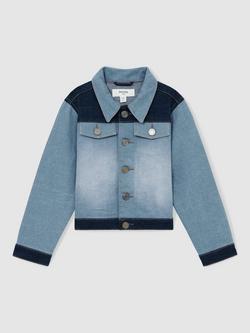 Reiss Kids' Briar Patchwork Two-Tone Denim Jacket, Blue - view 2, Blue