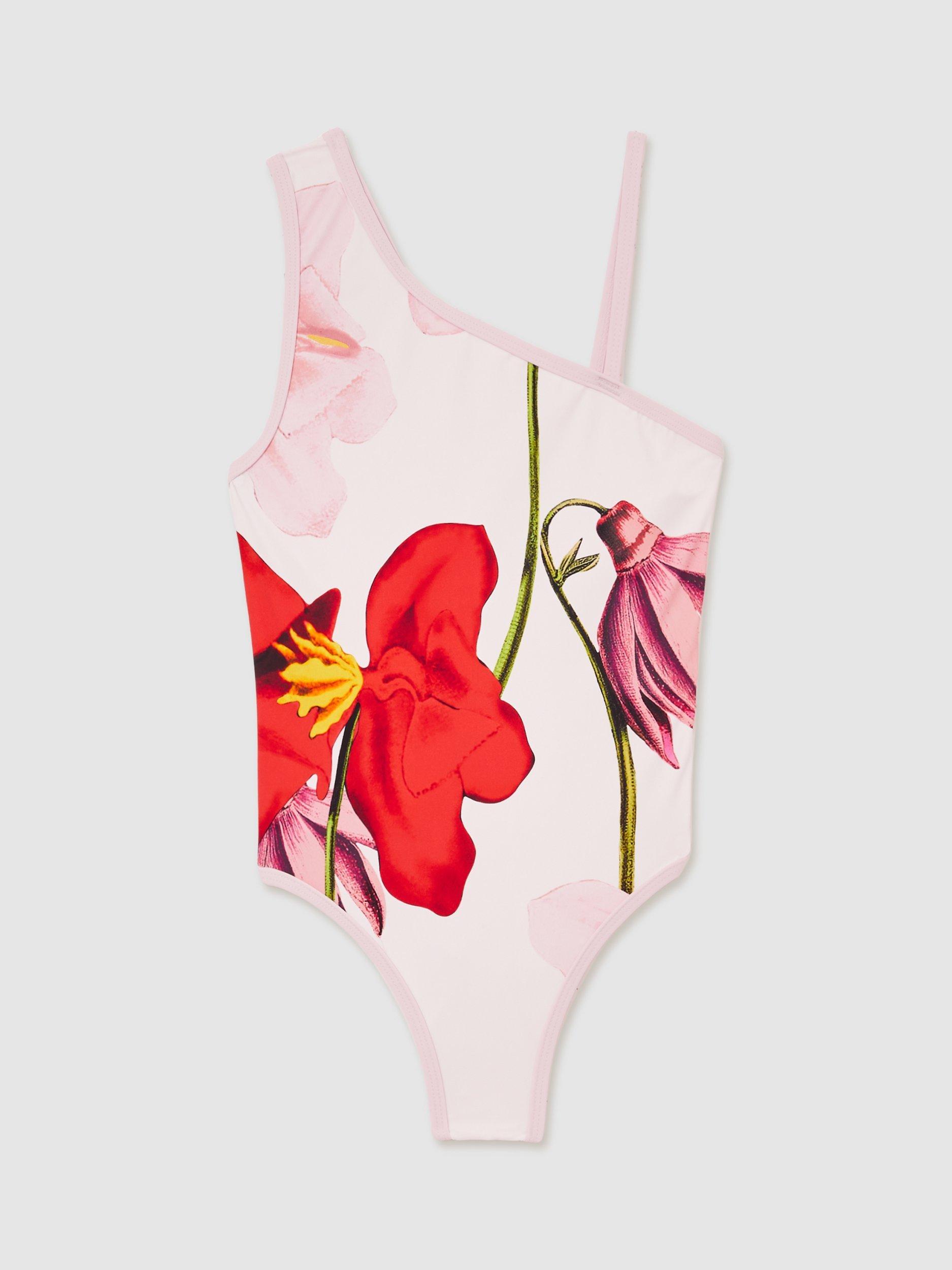 Product image 1 of 5, which shows Reiss x NYBG Kids' Layla Floral Print One Shoulder Swimsuit, Ivory, 4-5 years