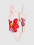 Reiss x NYBG Kids' Layla Floral Print One Shoulder Swimsuit, Ivory