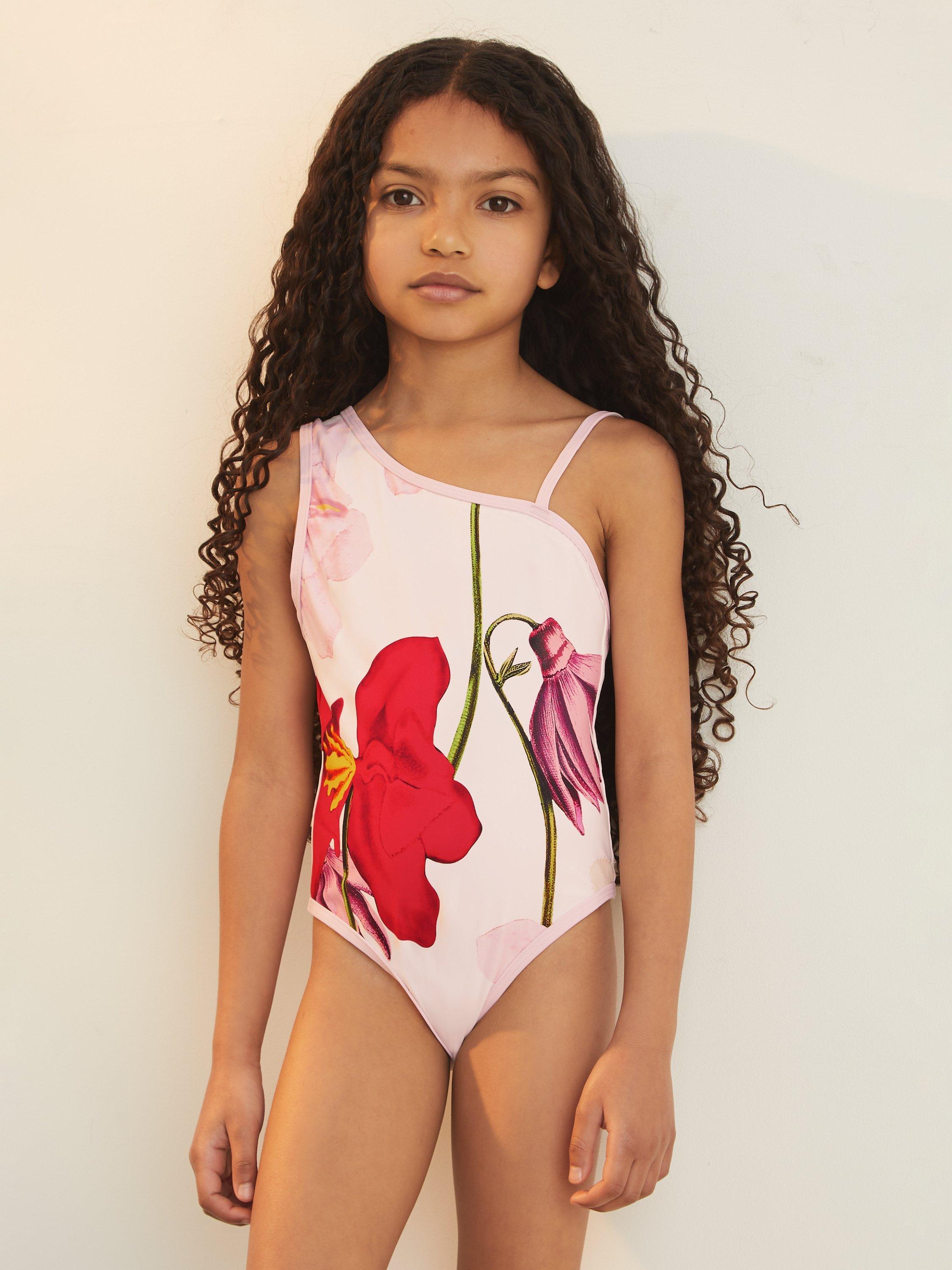 Product image 3 of 5, which shows Reiss x NYBG Kids' Layla Floral Print One Shoulder Swimsuit, Ivory, 4-5 years