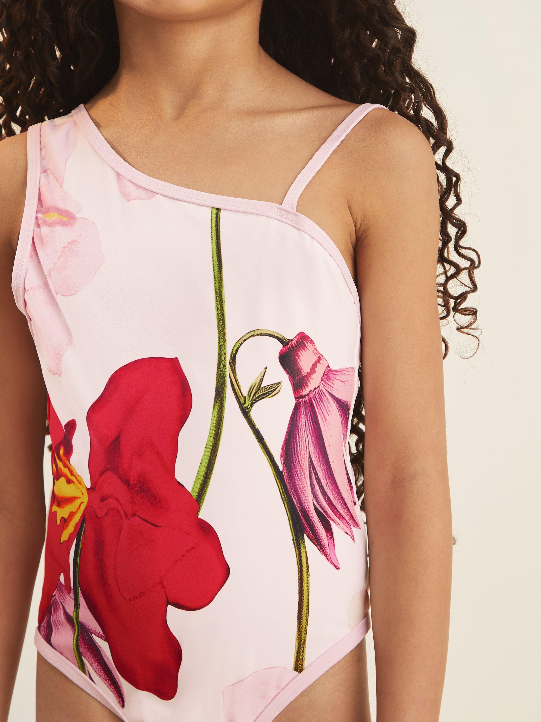 Product image 5 of 5, which shows Reiss x NYBG Kids' Layla Floral Print One Shoulder Swimsuit, Ivory, 4-5 years