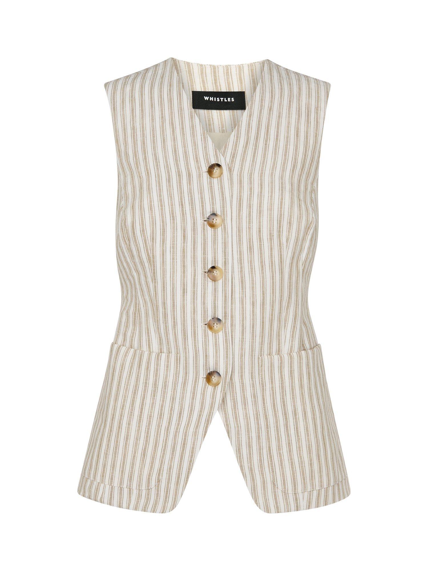 Product image 5 of 5, which shows Whistles Stripe Pure Linen Waistcoat, Neutral, 6