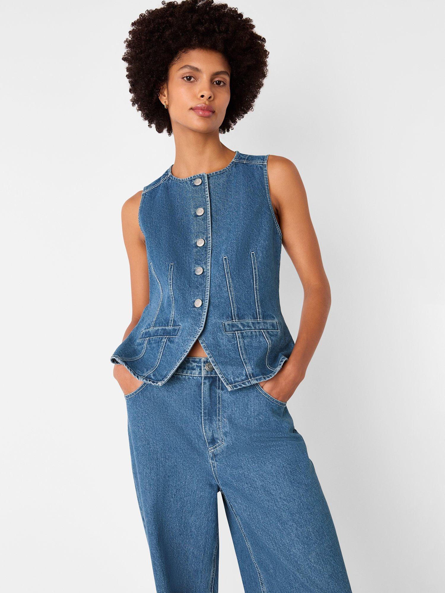 Product image 1 of 5, which shows Whistles Cotton Slim Fit Sleeveless Waistcoat, Denim, 6