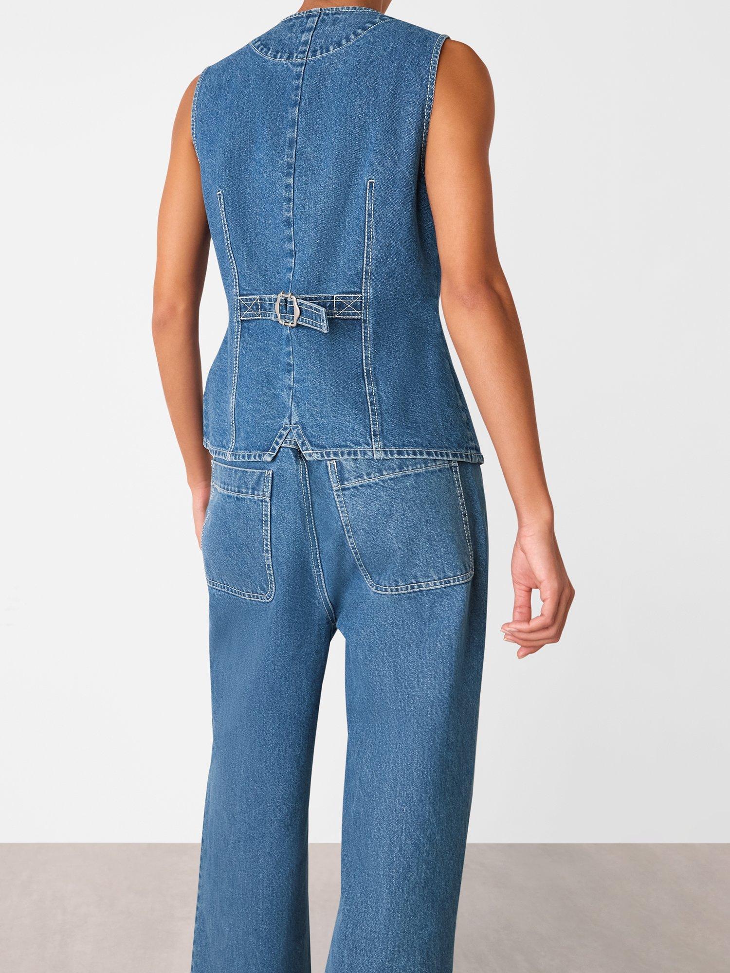 Product image 2 of 5, which shows Whistles Cotton Slim Fit Sleeveless Waistcoat, Denim, 6