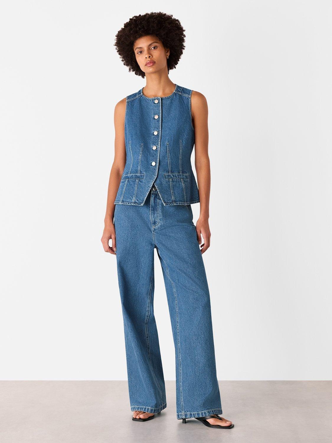 Product image 3 of 5, which shows Whistles Cotton Slim Fit Sleeveless Waistcoat, Denim, 6
