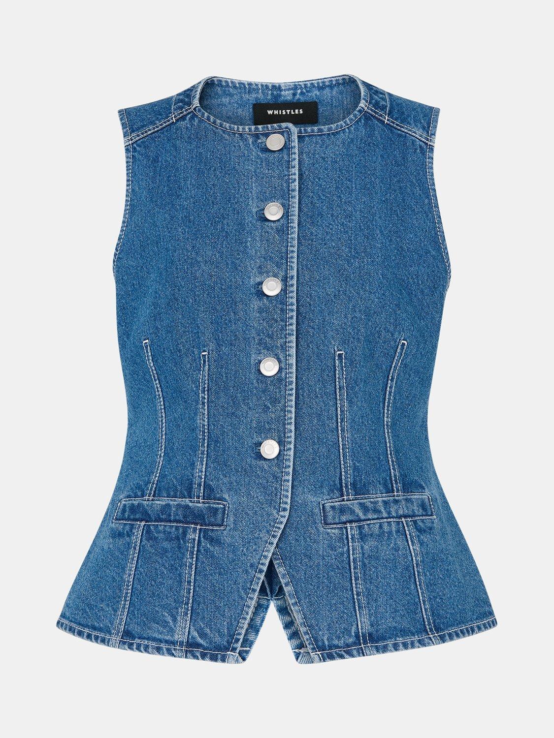 Product image 5 of 5, which shows Whistles Cotton Slim Fit Sleeveless Waistcoat, Denim, 6