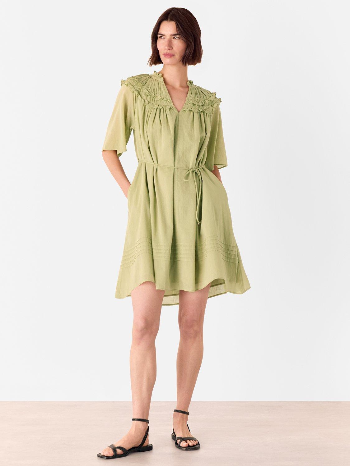 Product image 1 of 5, which shows Whistles Cotton Frill Mini Dress, Khaki, 6