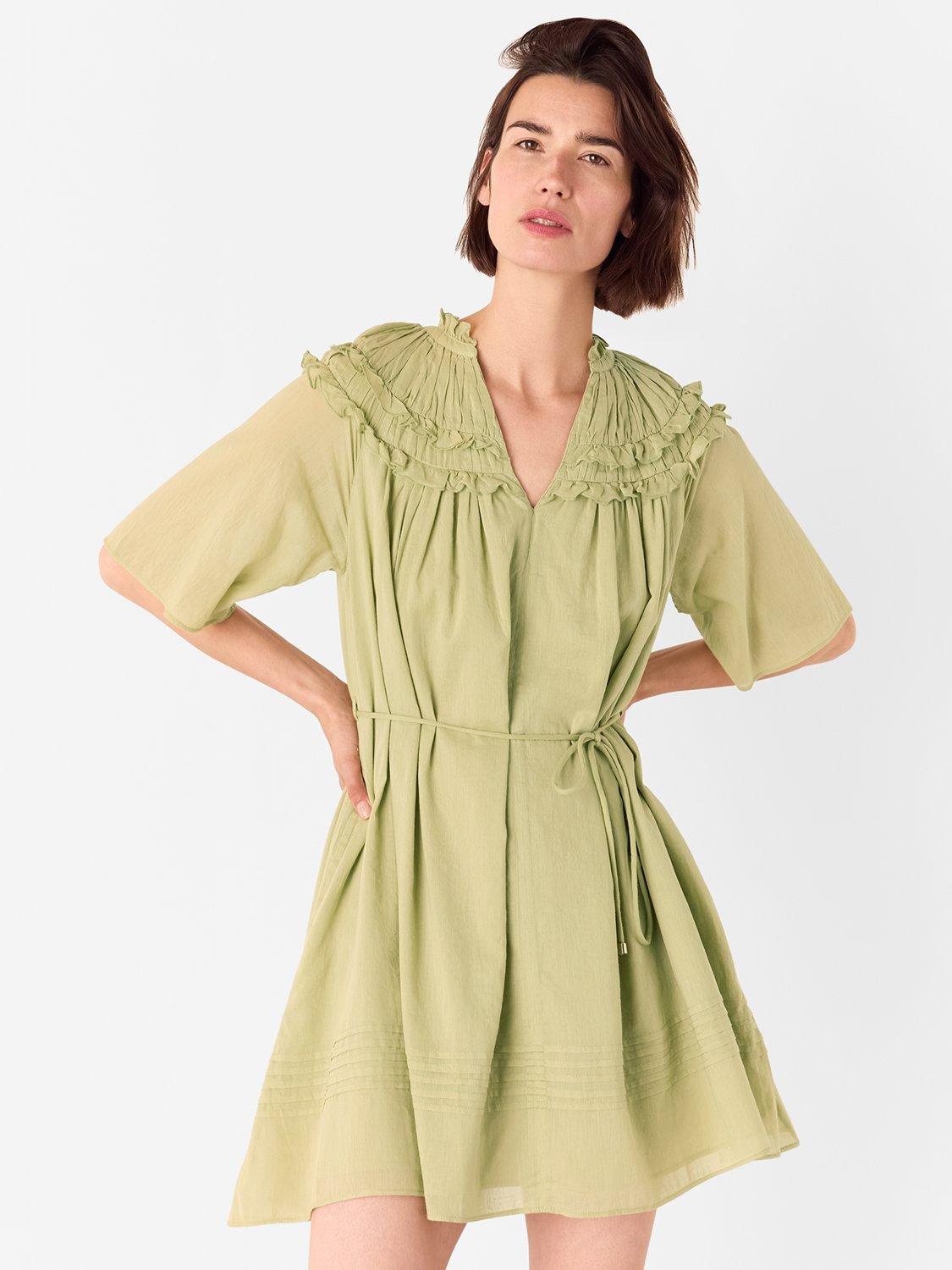 Product image 3 of 5, which shows Whistles Cotton Frill Mini Dress, Khaki, 6