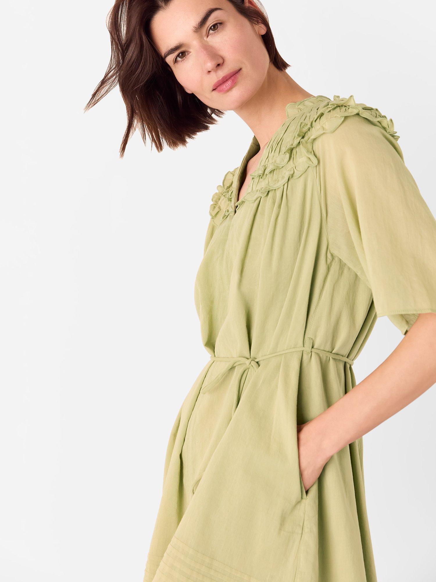 Product image 4 of 5, which shows Whistles Cotton Frill Mini Dress, Khaki, 6