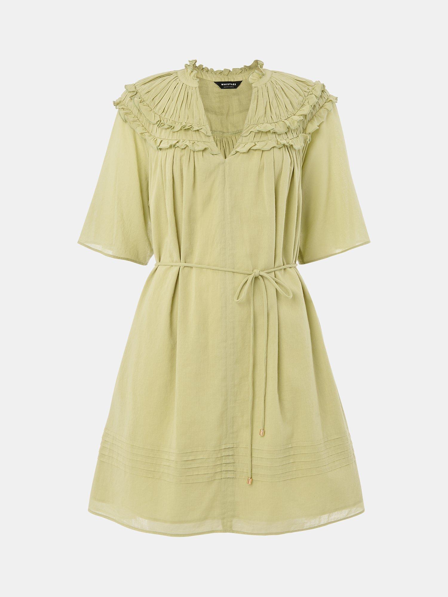 Product image 5 of 5, which shows Whistles Cotton Frill Mini Dress, Khaki, 6