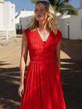 Whistles Petite Shirred Bodice V-Neck Dress, Mid Red