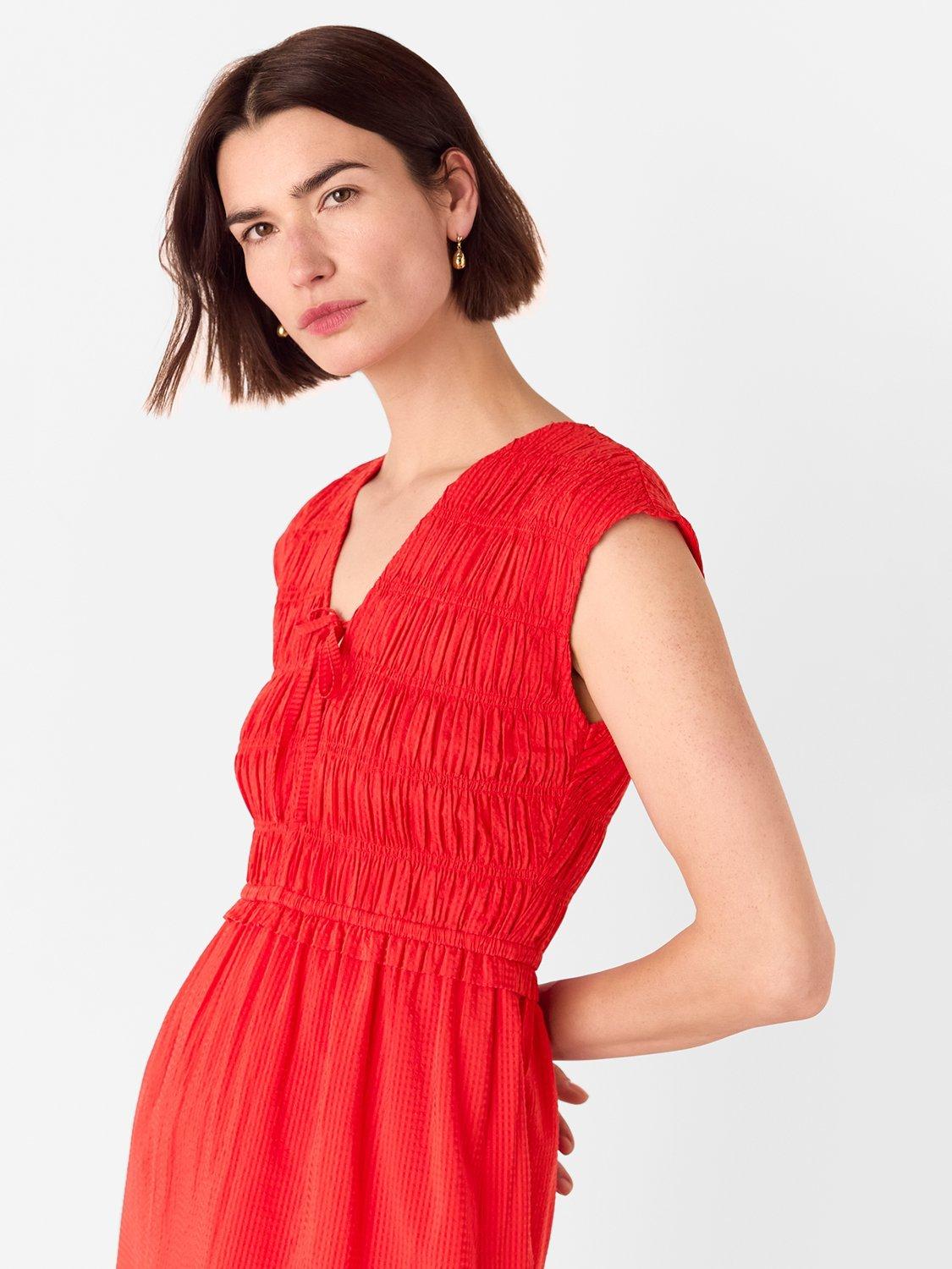 Product image 4 of 6, which shows Whistles Petite Shirred Bodice V-Neck Dress, Mid Red, 6