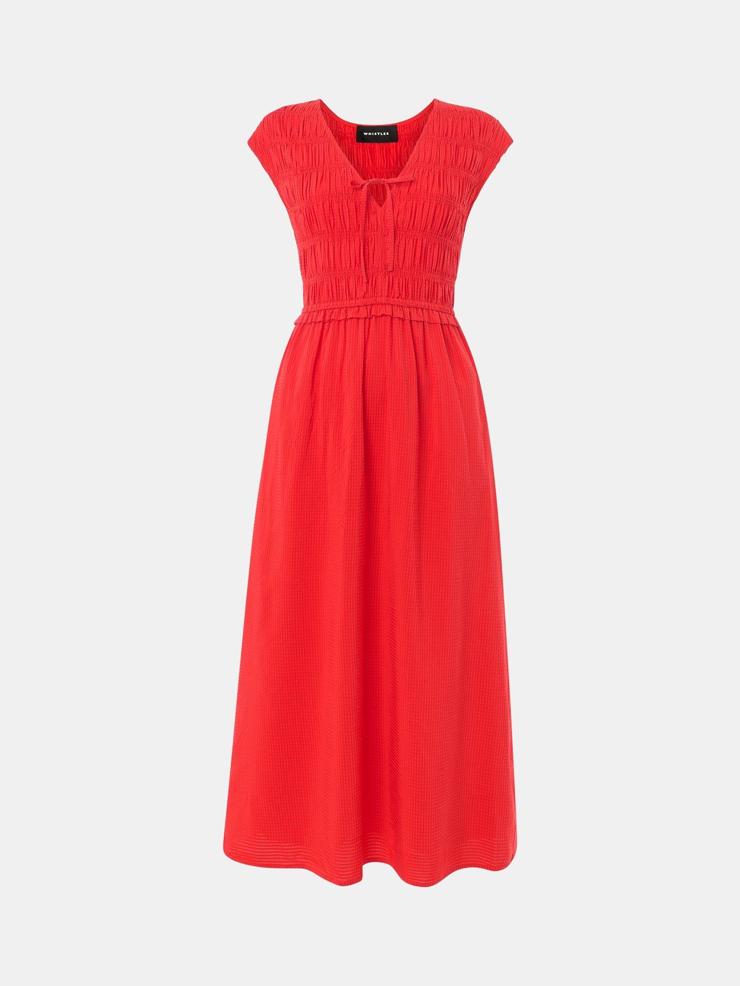 Product image 6 of 6, which shows Whistles Petite Shirred Bodice V-Neck Dress, Mid Red, 6