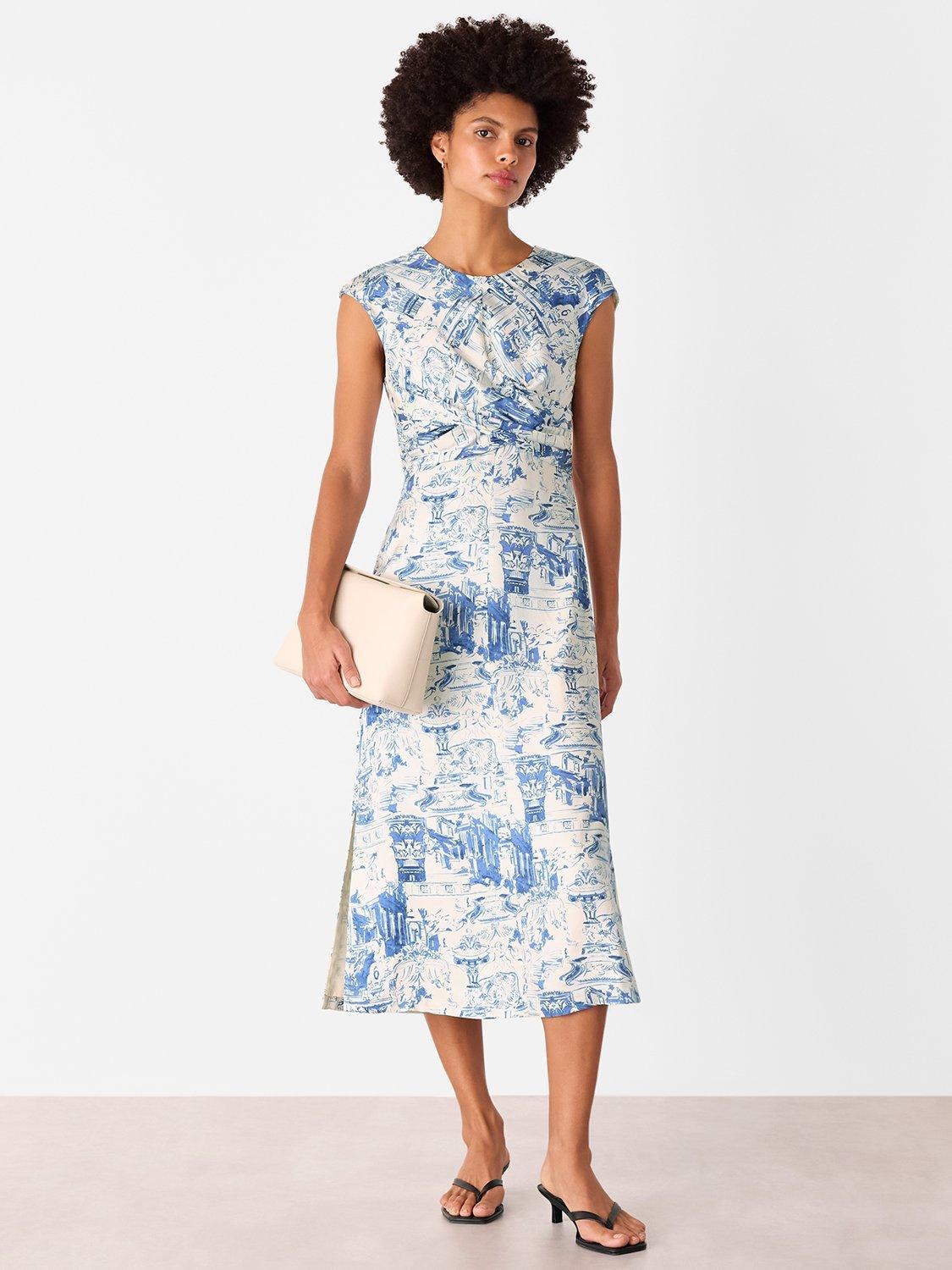 Product image 1 of 5, which shows Whistles Rome Print Mixed Blend Midi Dress, Blue/Multi, 6