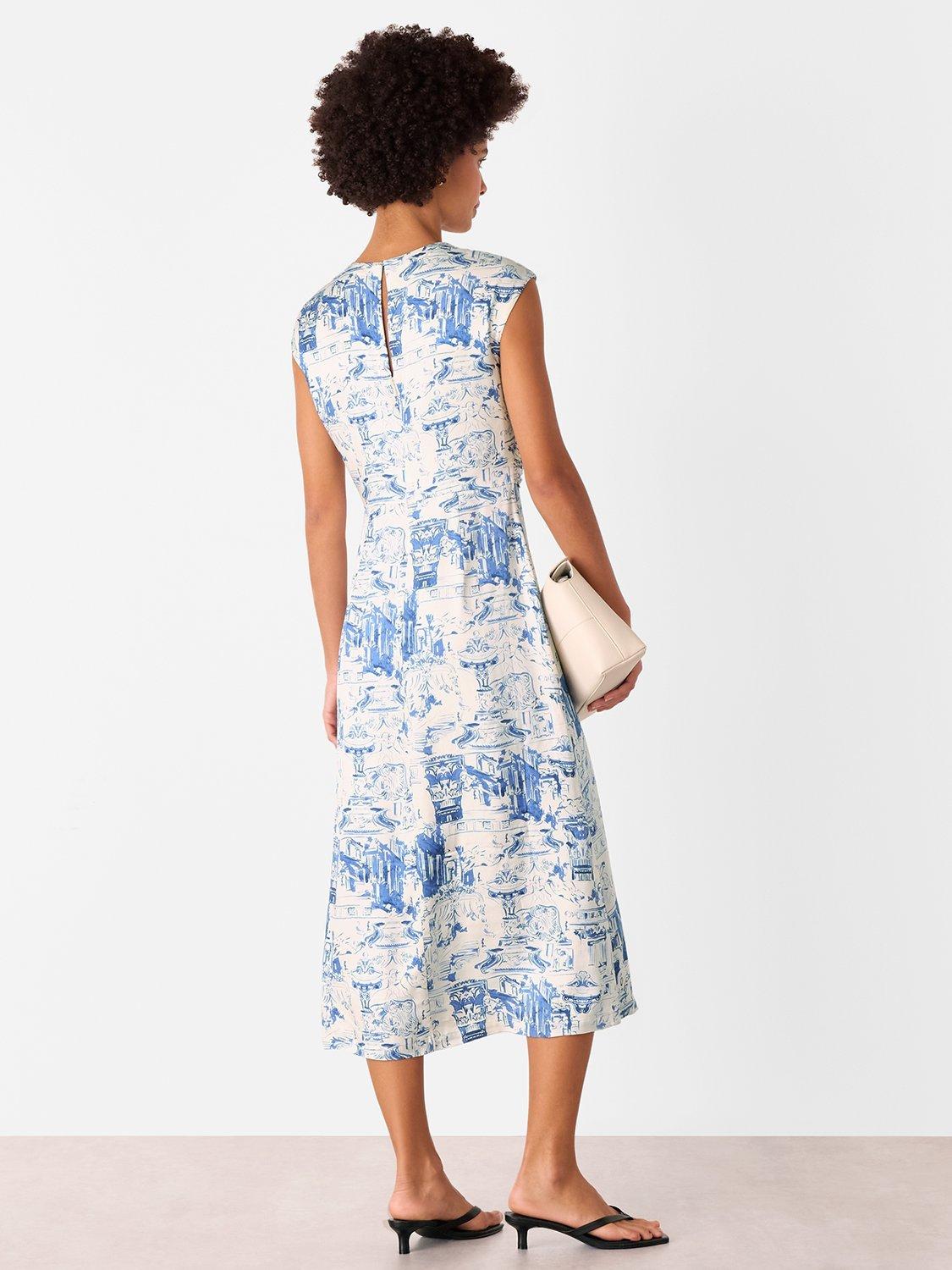 Product image 2 of 5, which shows Whistles Rome Print Mixed Blend Midi Dress, Blue/Multi, 6