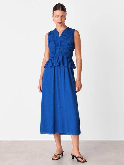 Whistles Shirred V-Neck Midi Dress, Dark Blue, Dark Blue