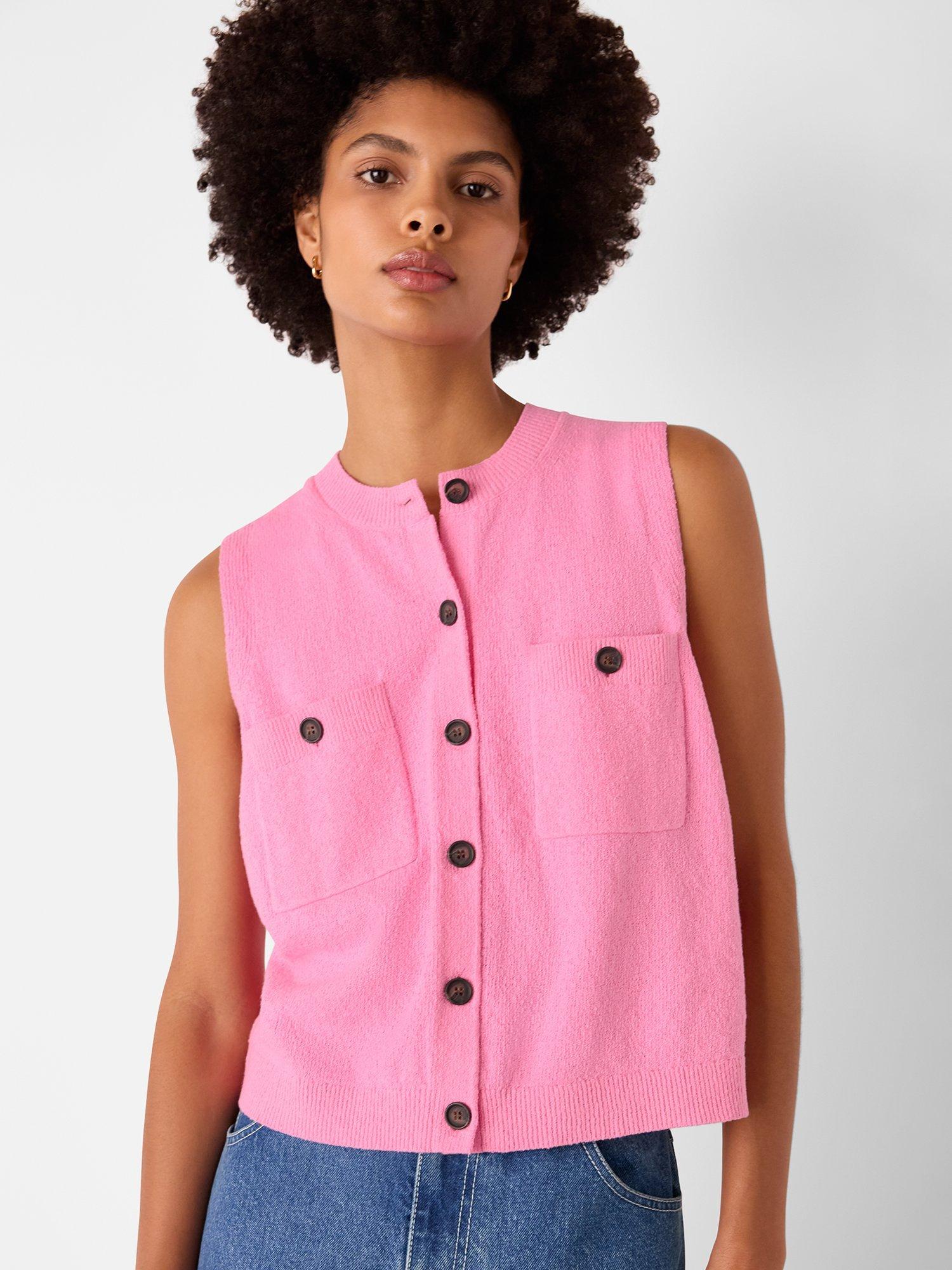 Product image 1 of 5, which shows Whistles Boucle Texture Sleeveless Cardigan, Mid Pink, XS