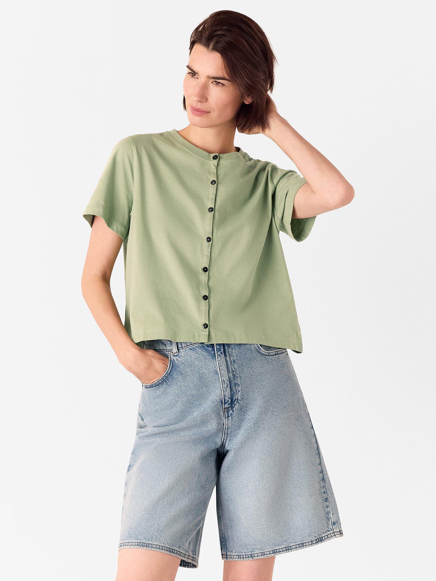 Product image 1 of 5, which shows Whistles Round Neck Cotton Button Up T-Shirt, Sage Green, XS