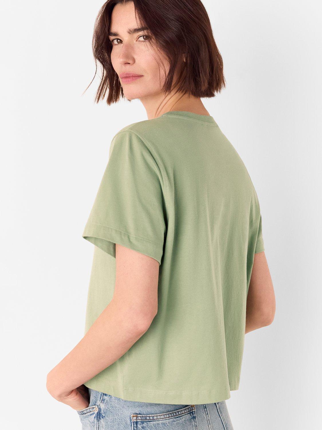 Product image 2 of 5, which shows Whistles Round Neck Cotton Button Up T-Shirt, Sage Green, XS