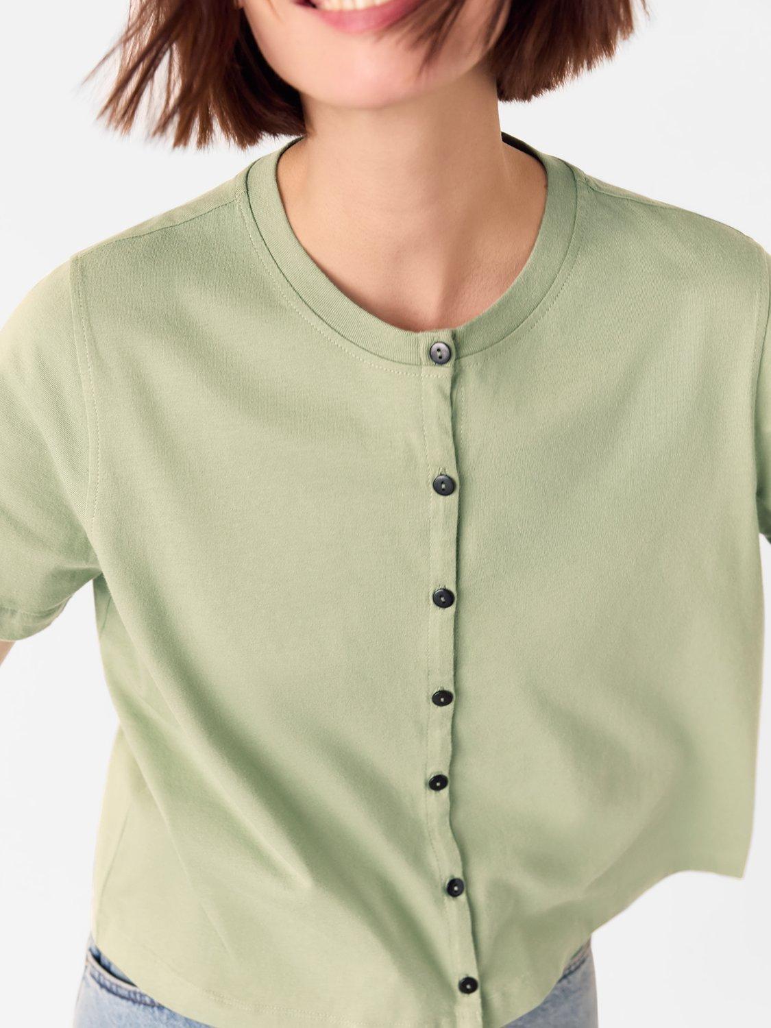 Product image 3 of 5, which shows Whistles Round Neck Cotton Button Up T-Shirt, Sage Green, XS