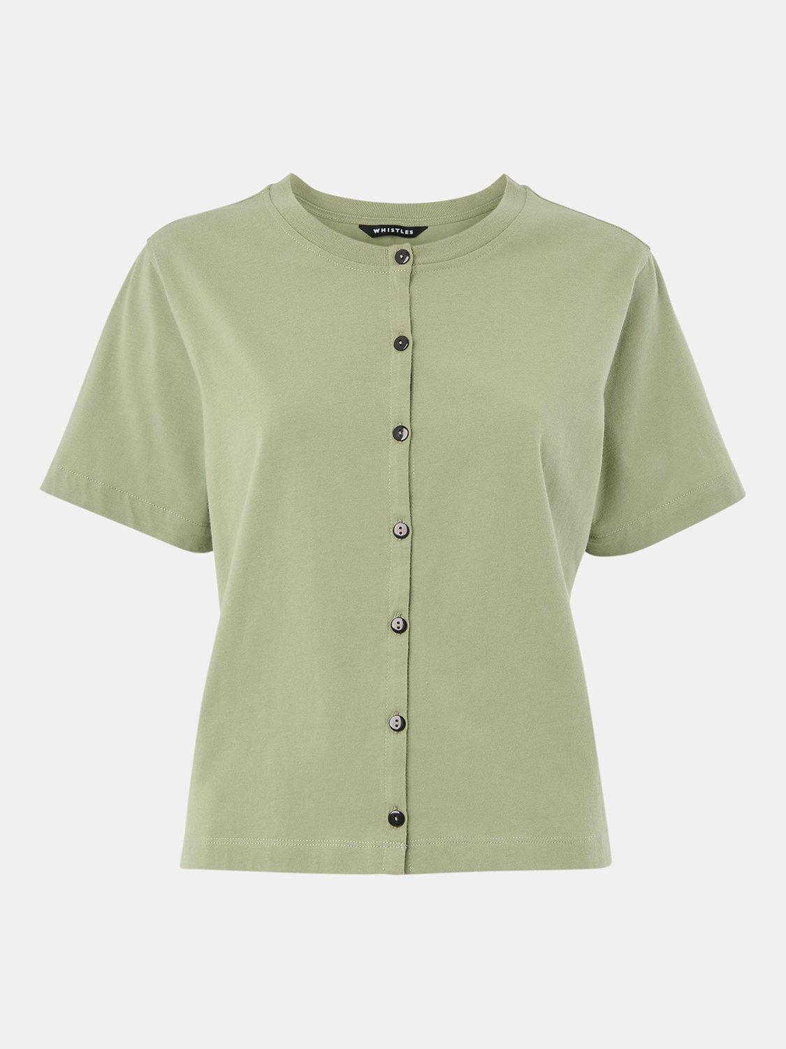 Product image 5 of 5, which shows Whistles Round Neck Cotton Button Up T-Shirt, Sage Green, XS